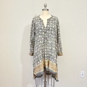 MAGNOLIA PEARL Tunic Top Gray Beige Floral LS Hi-Low Boho Lagenlook